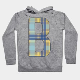 Monogram Letter B, Blue, Yellow and Grey Scottish Tartan Style Typography Design Hoodie